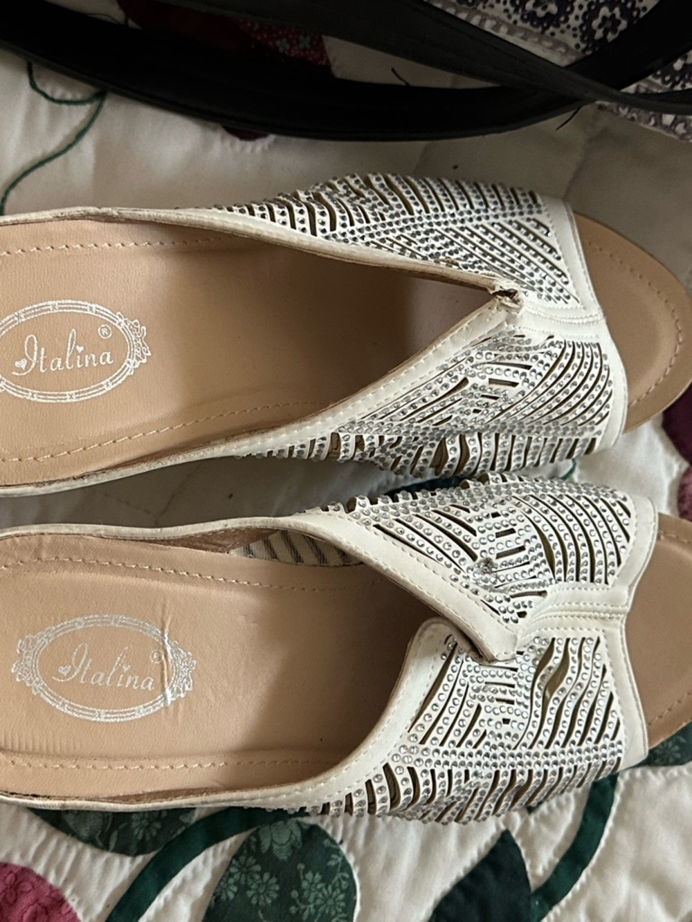 Italina Cream Cutout Slip-On Mules with Rhinestone Detail heals 3”